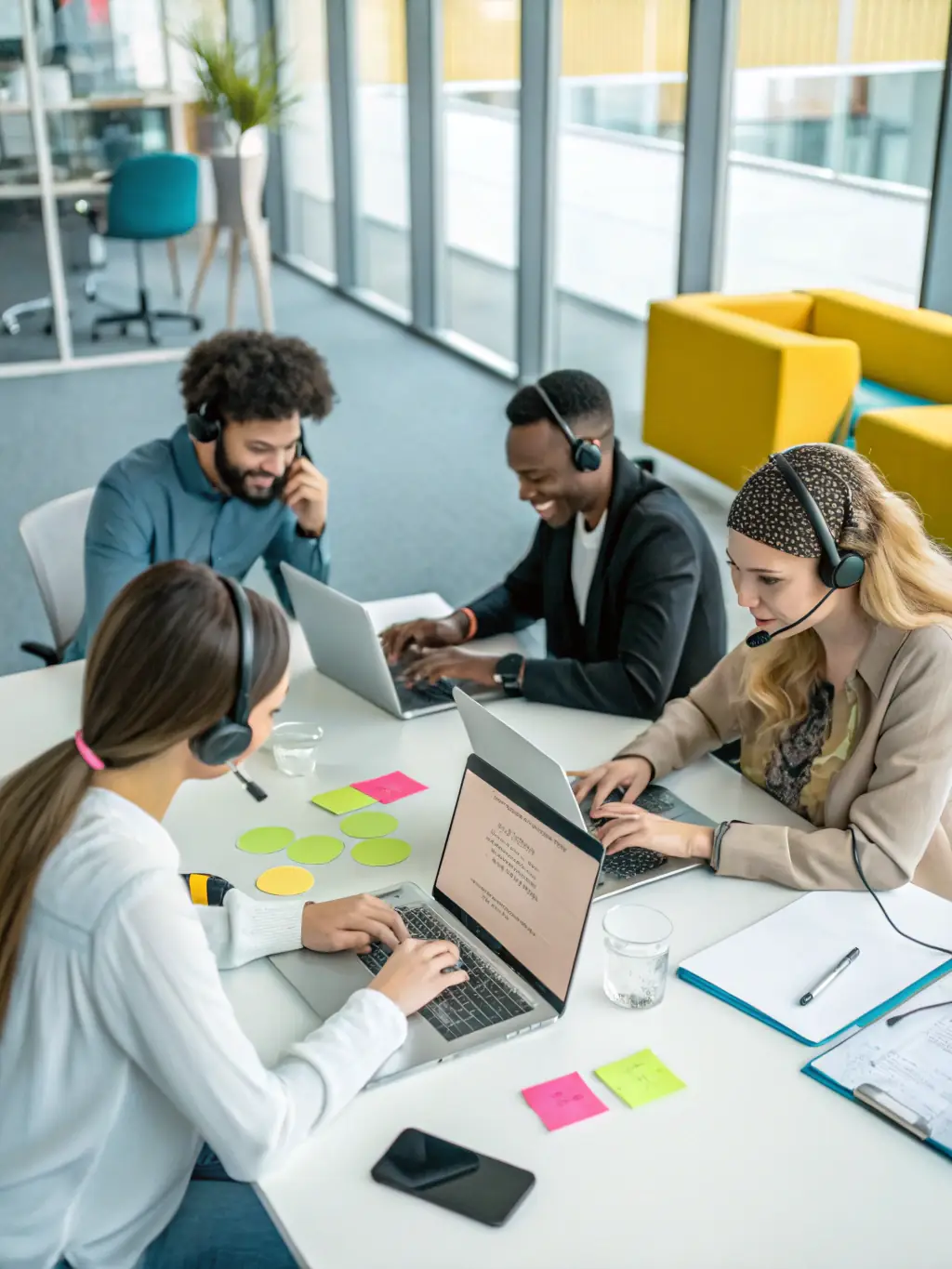 An image showing a professional call center team working efficiently with headsets and computers, representing DHC Offshore's BPO services.