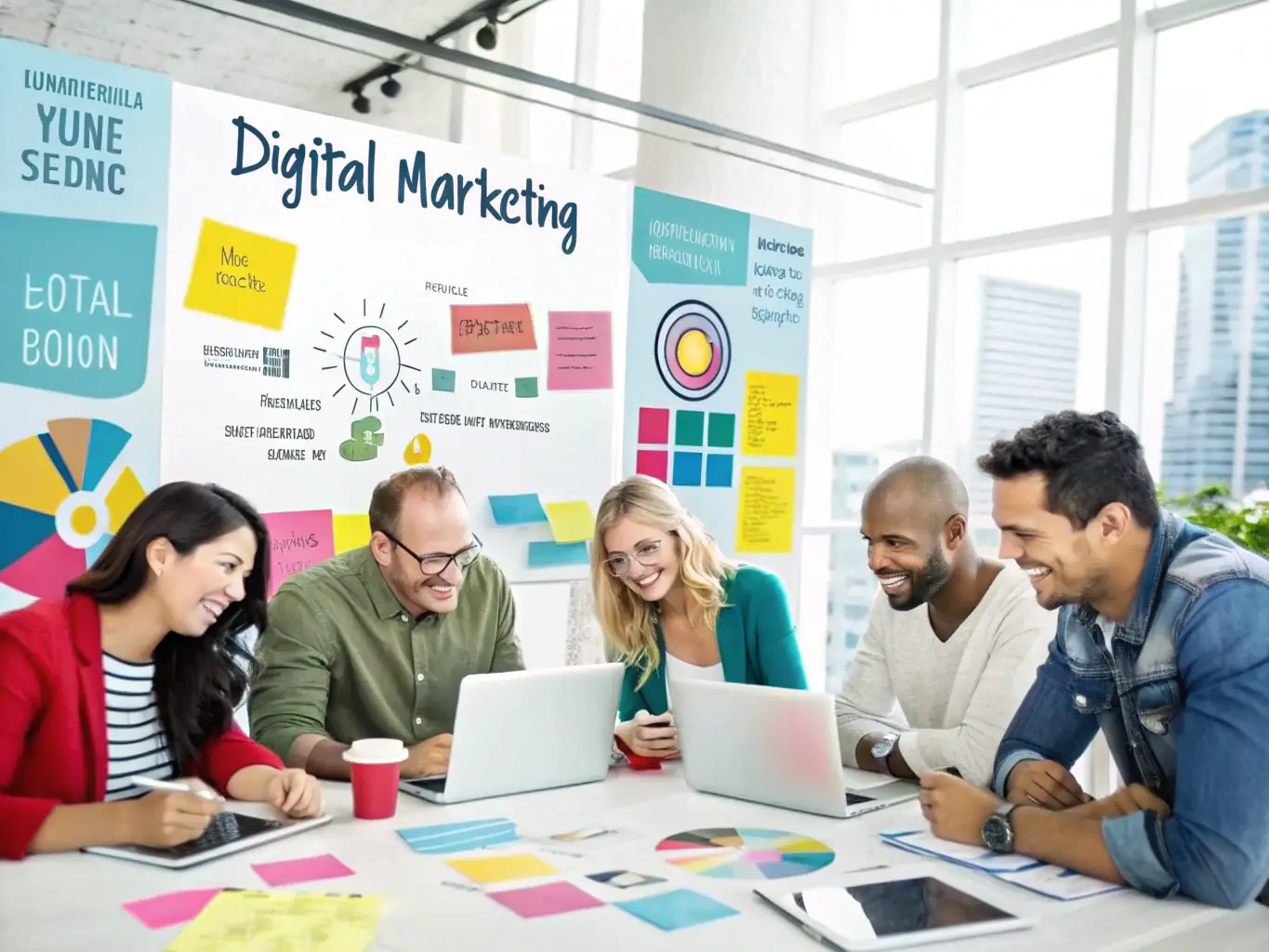 A professional team of digital marketing specialists collaborating in a modern offshore office, showcasing DHC Offshore's expertise and collaborative environment.