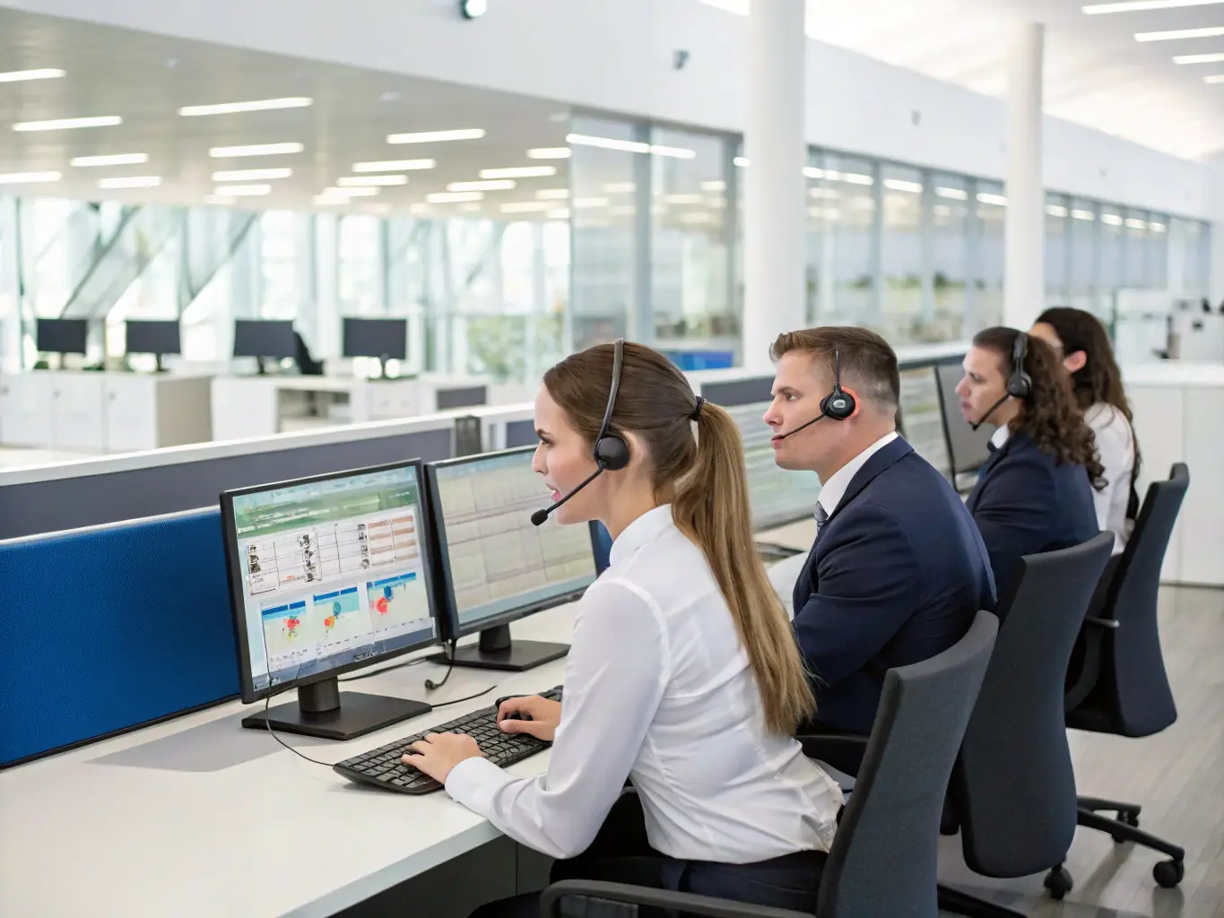 A diverse team of customer support agents providing 24/7 assistance, illustrating DHC Offshore's commitment to continuous service and global reach.